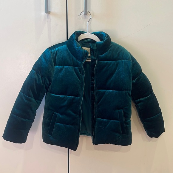 Dark emerald green velour puffer jacket, 5-6 - Picture 1 of 4